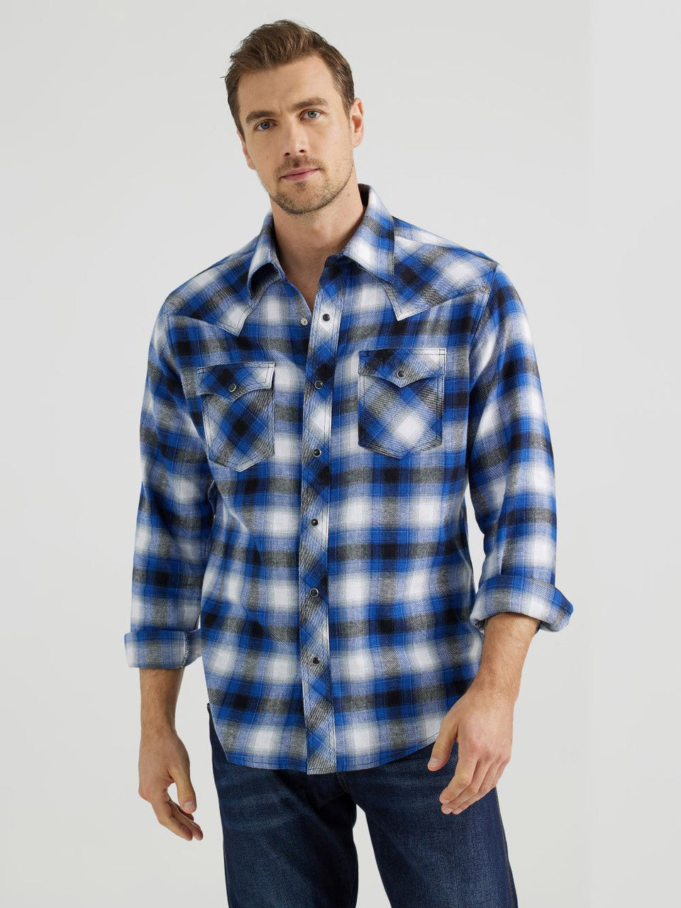 Wrangler Retro Men's L/S Flannel Western Snap Shirt in Royal Blue Plaid (Available in Tall Sizes)