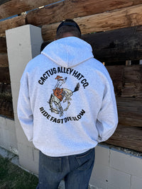 Cactus Alley Hat Co "Ride Fast Die Slow" Pullover Hoodie in Ash Grey