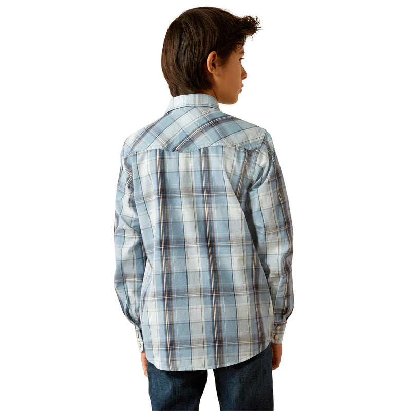 Ariat Boy's Hunter Retro Fit Western Snap Shirt in Light Blue Plaid