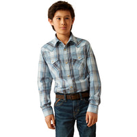 Ariat Boy's Hunter Retro Fit Western Snap Shirt in Light Blue Plaid