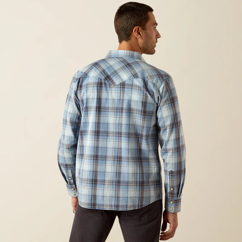 Ariat Men's Hunter L/S Retro Fit Western Snap Shirt in Light Blue Plaid