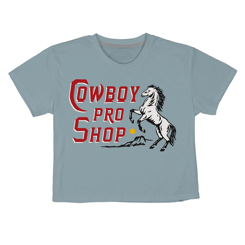 Sendero Provisions Co. Women's Cowboy Pro Shop Cropped T-Shirt in Sterling Blue