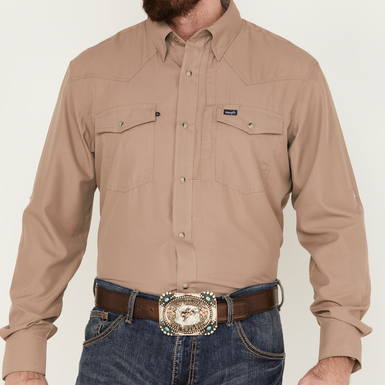 Wrangler Men's L/S Solid Tan Performance Western Snap Solid Shirt