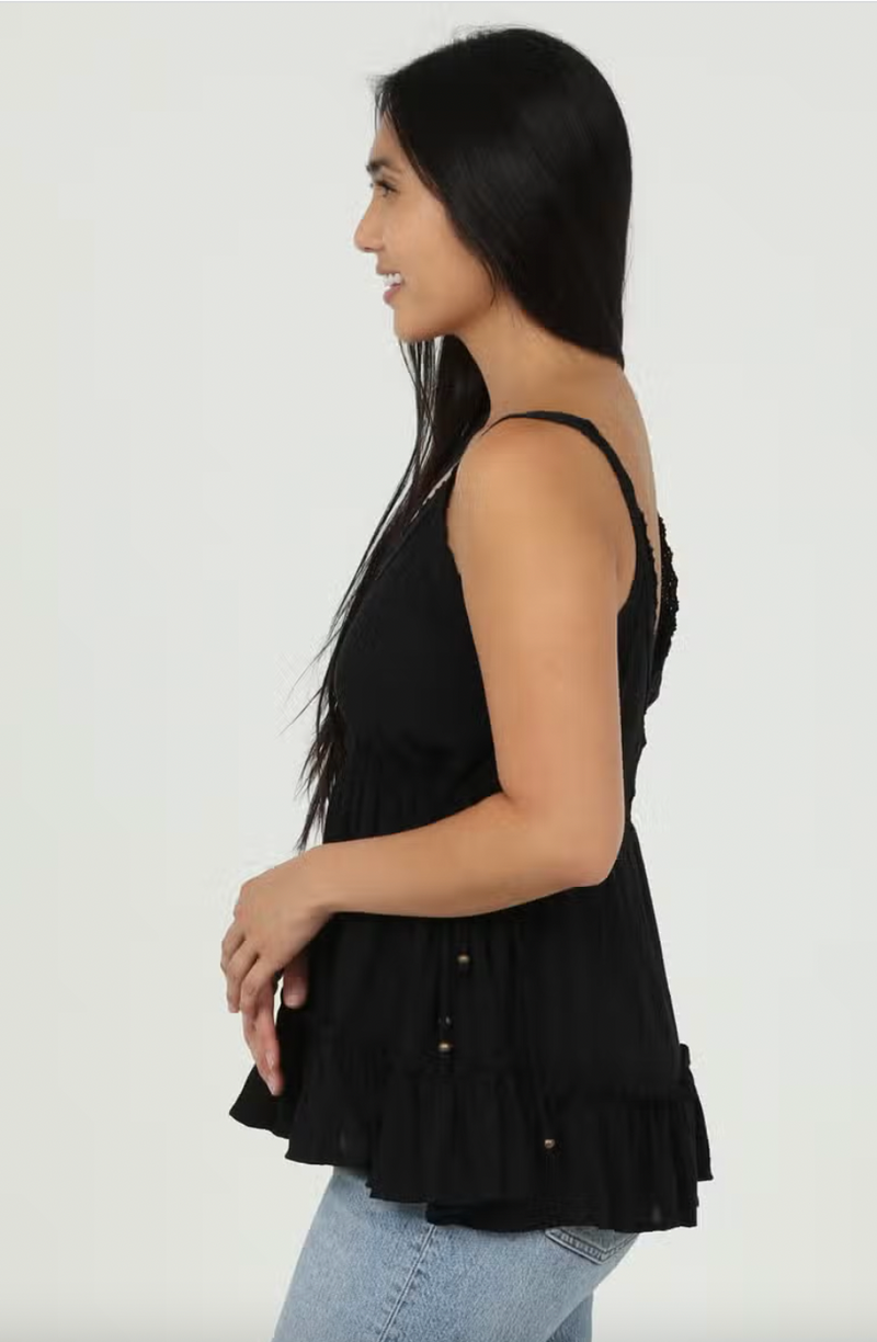 Women's Black V Neck Lace Trim Tank with Side Ties