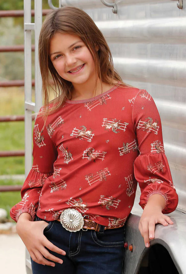 Cruel Girl's Youth L/S Rodeo Print Ribbed Blouse in Red