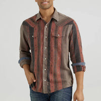 Wrangler Retro Men's L/S Premium Southwest Striped Western Snap Shirt in Brown & Orange