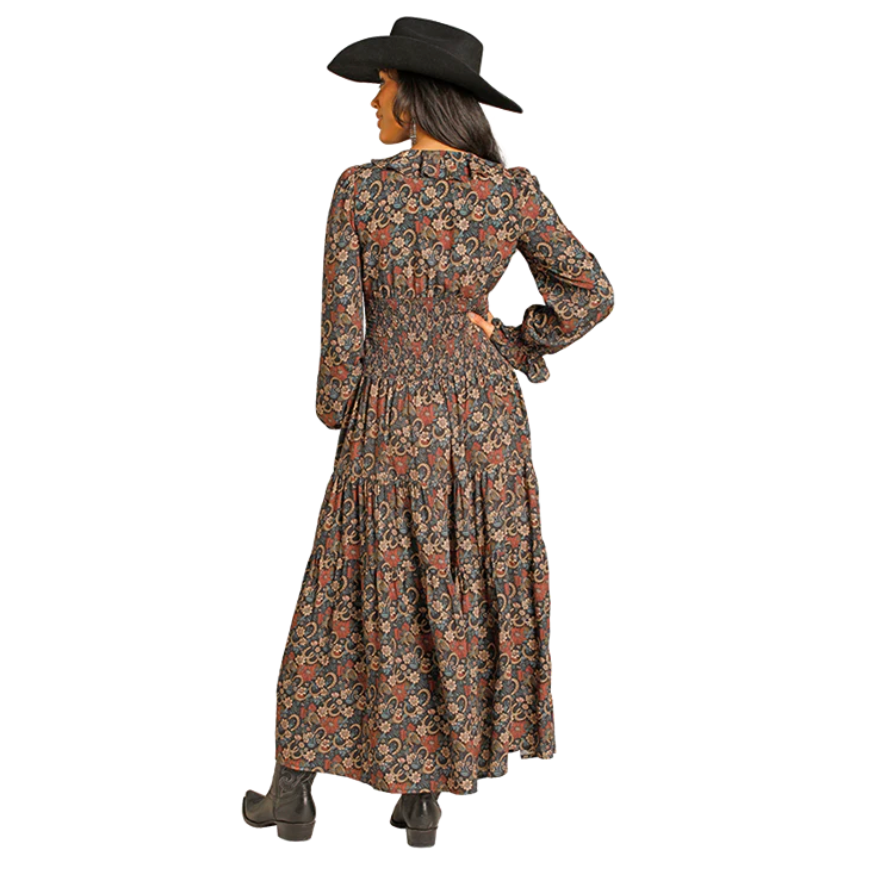 long sleeve maxi sun dress Rock & Roll Denim Challis Peasant Dress {Black} XXL