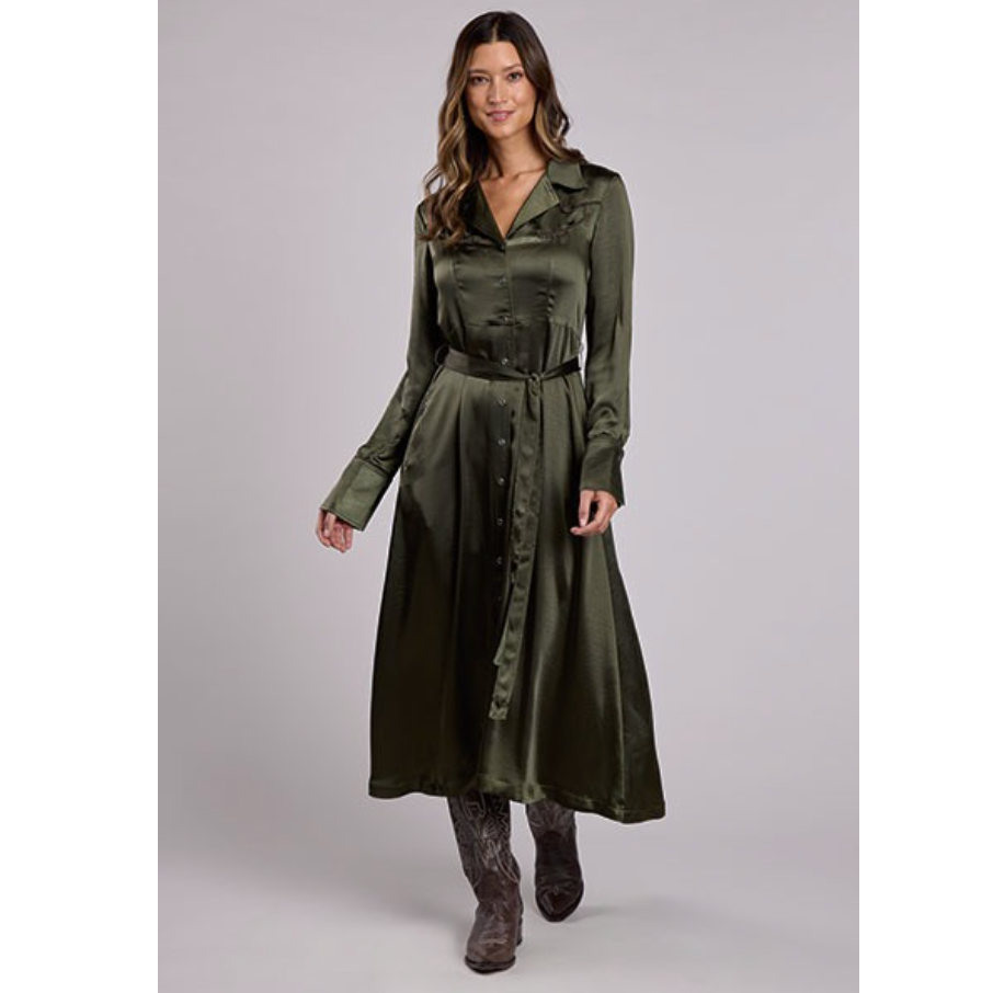 Stetson Women's L/S Satin Maxi Dress in Olive