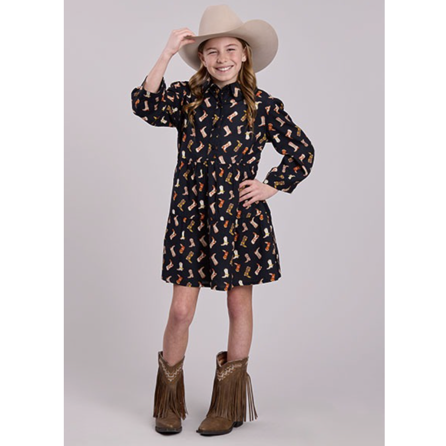 Roper Girl's Boot Print Peasant Dress in Black