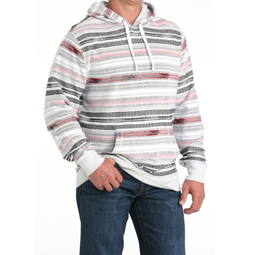Cinch Men's Striped Lightweight Pullover Hoodie in Red and White