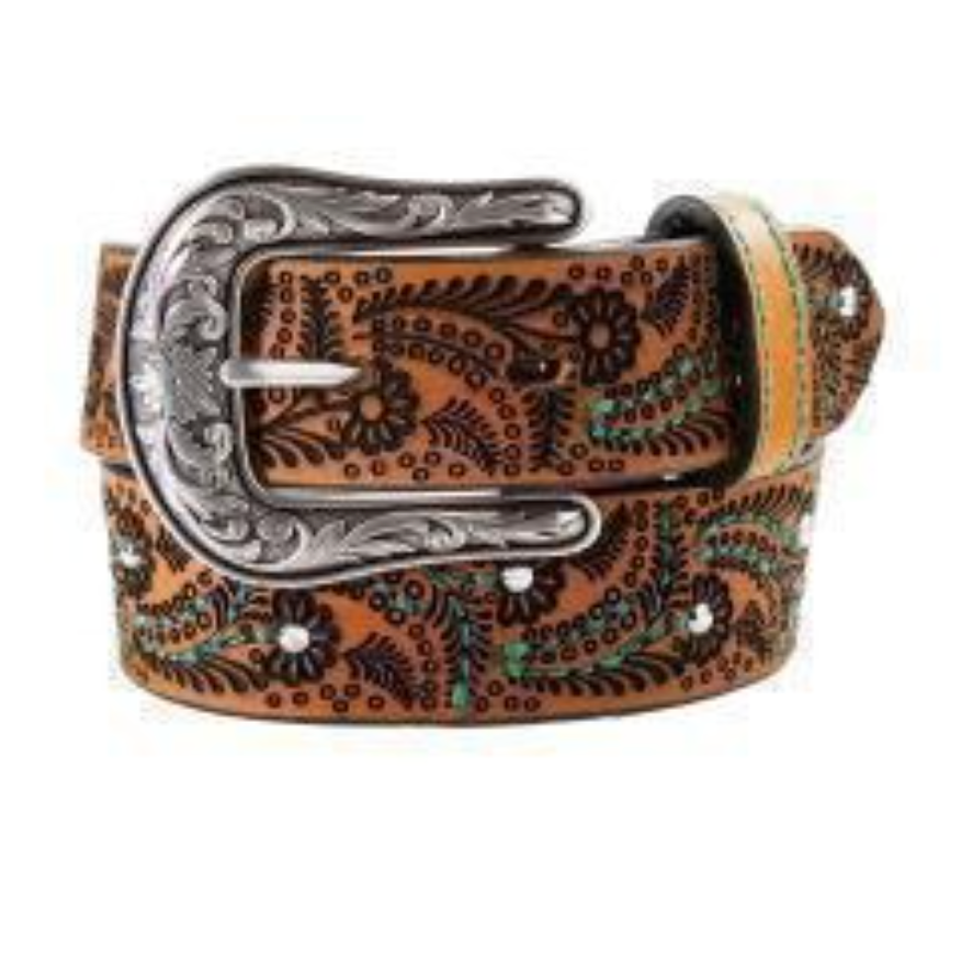 Nocona Girl's Turquoise Stitch Brown Paisley Belt