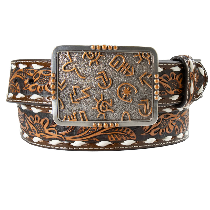 Angel Ranch Women's Floral Embossed with Cattle Brand Buckle Brown Belt