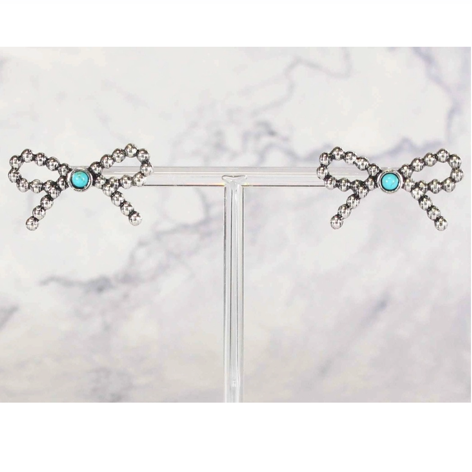 3D Bead Texture Silver Turquoise Ribbon Post Earrings