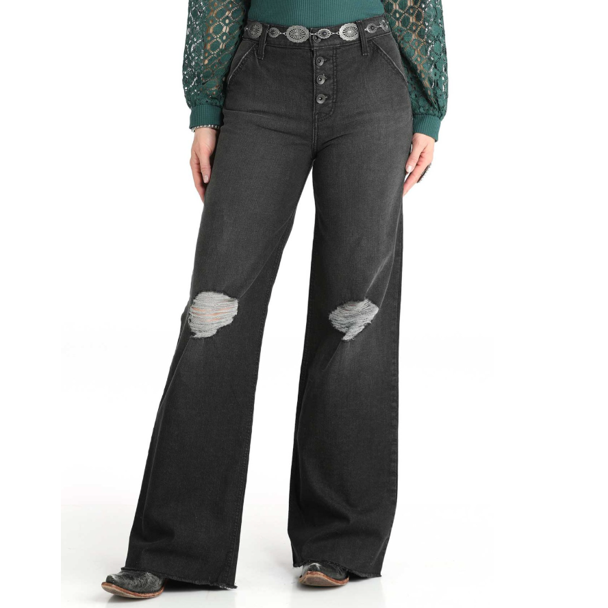 Cruel Women's Skylar Sky-High Rise Wide Leg Destructed Jean in Black