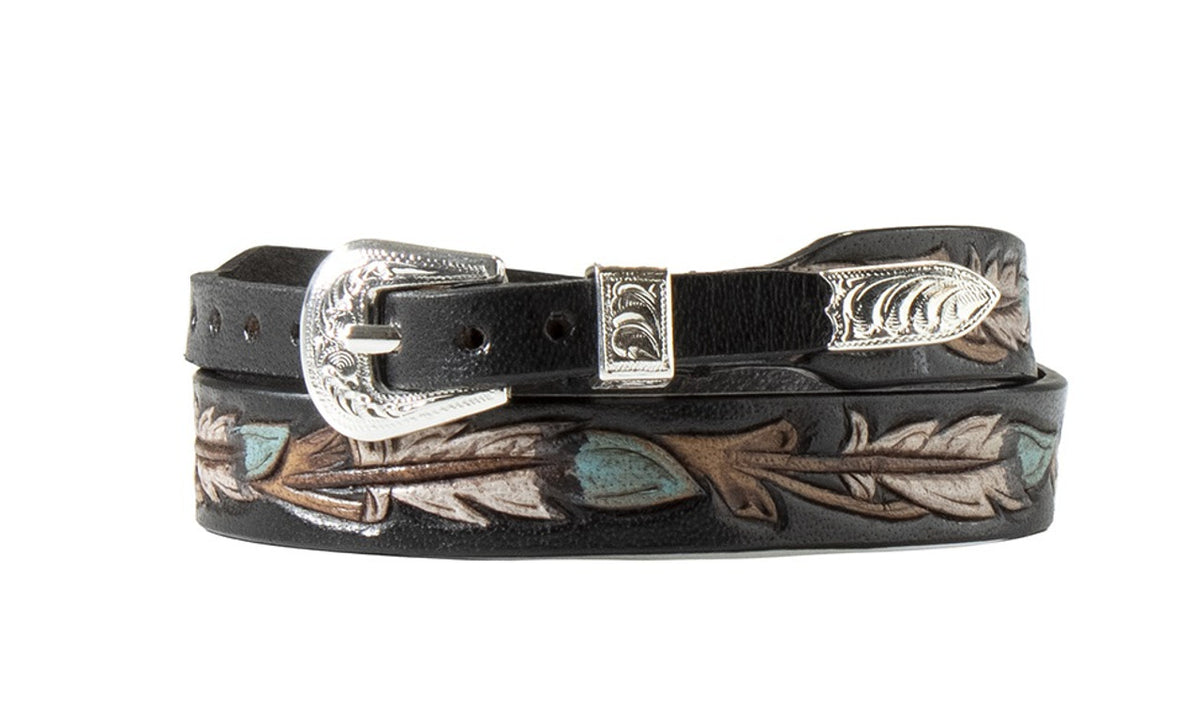 Black Feather Tooled and Painted Leather Hat Band