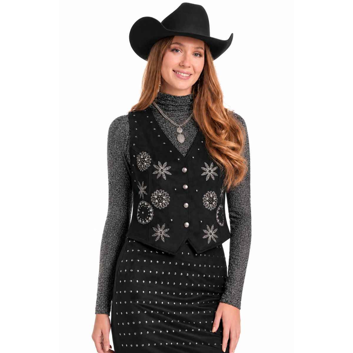 Women's Rock & Roll Denim Studded Suede Vest in Black