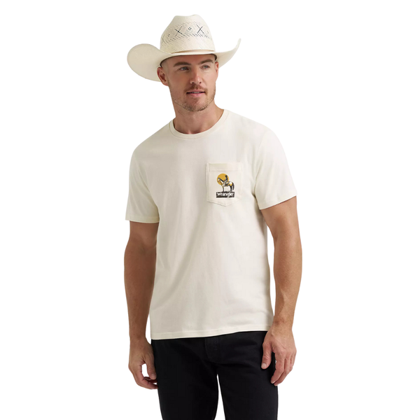 Wrangler Men's Silent Rider S/S Back Graphic Pocket T-Shirt in Antique White