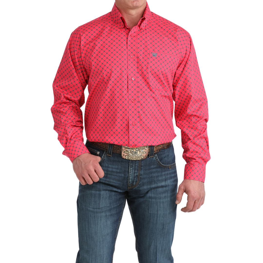Cinch Men's L/S Classic Fit Geometric Print Button Down Western Shirt in Pink