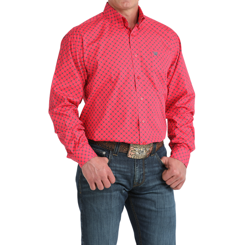 Cinch Men's L/S Classic Fit Geometric Print Button Down Western Shirt in Pink