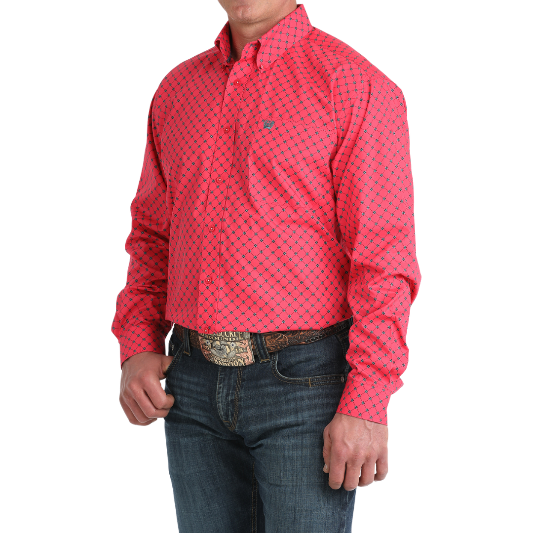 Cinch Men's L/S Classic Fit Geometric Print Button Down Western Shirt in Pink