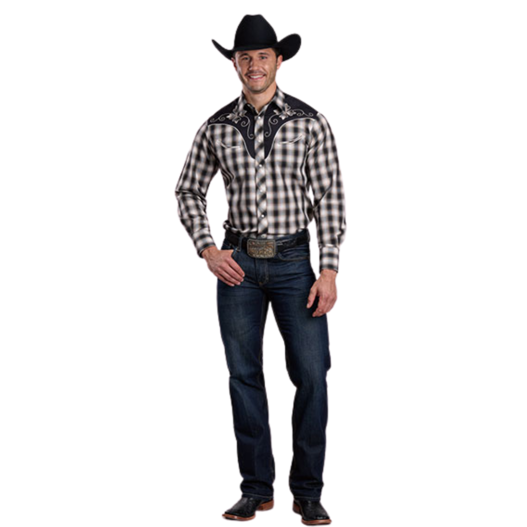 Roper Men's L/S Western Snap Shirt in Black Plaid