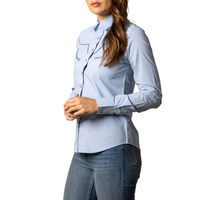 Kimes Ranch Women's Logo Horn Button Down Blouse in Light Blue