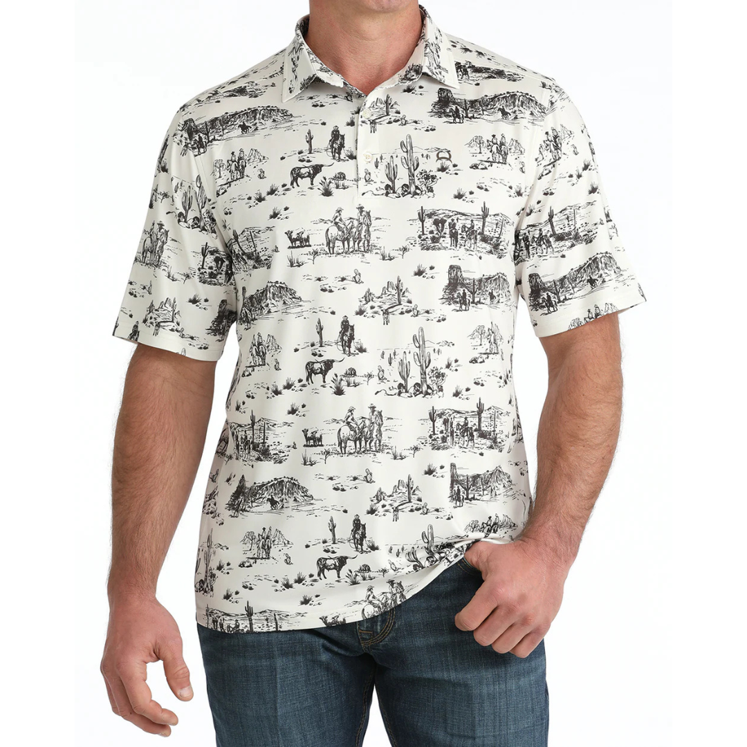 Cinch Men's S/S Arenaflex Western Print Polo in Cream