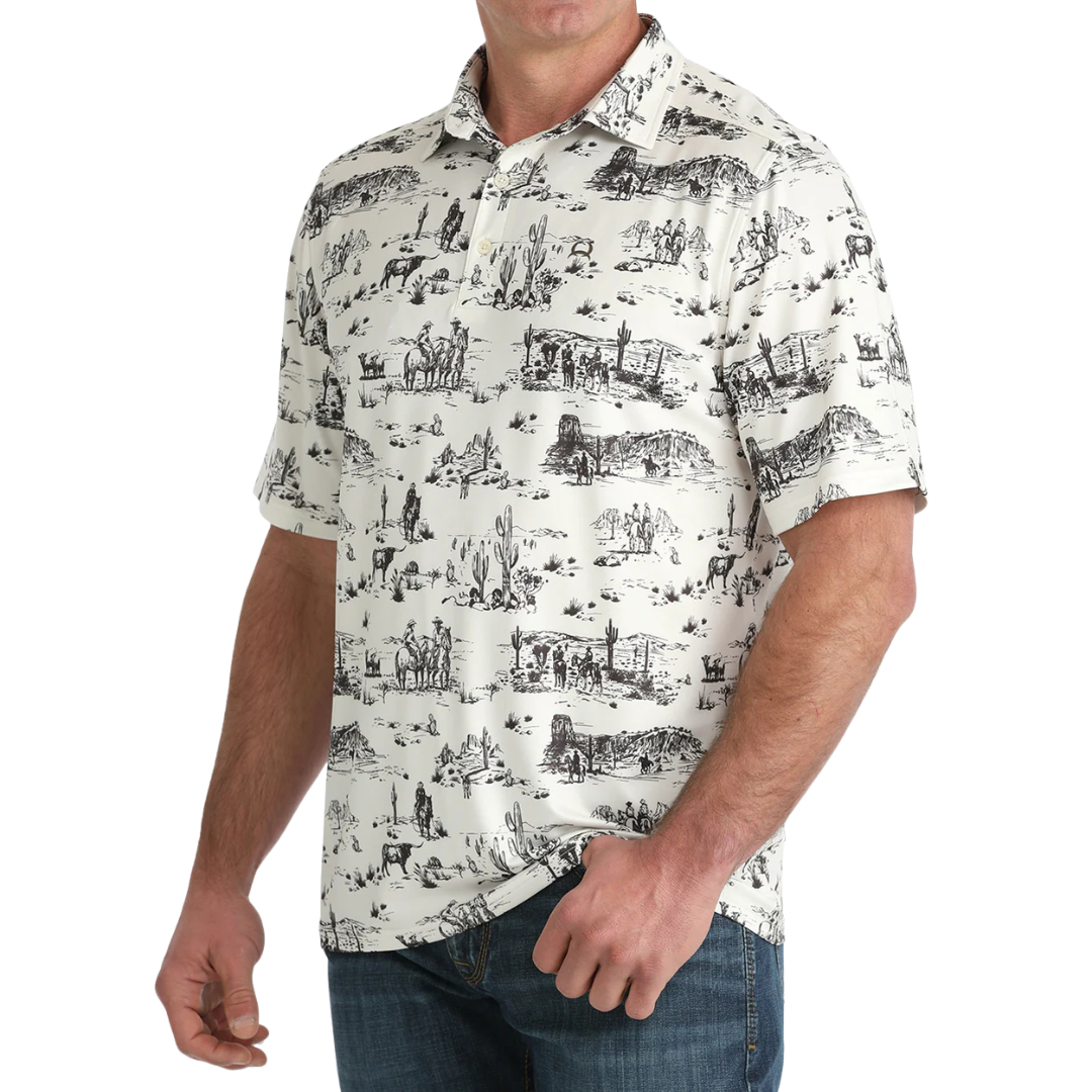 Cinch Men's S/S Arenaflex Western Print Polo in Cream