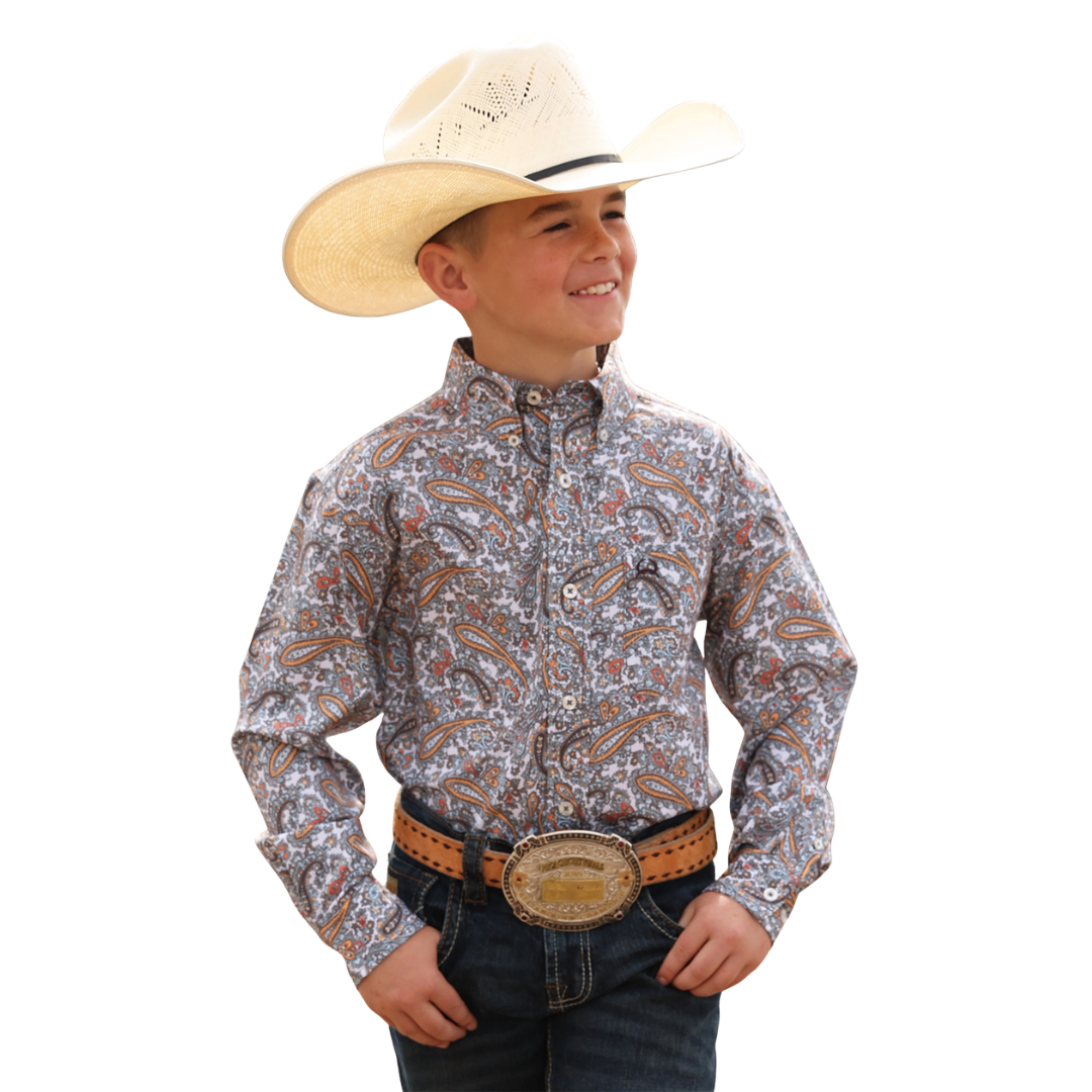 Cinch Youth Boy's L/S Arenaflex Paisley Print Western Button Down Shirt in White