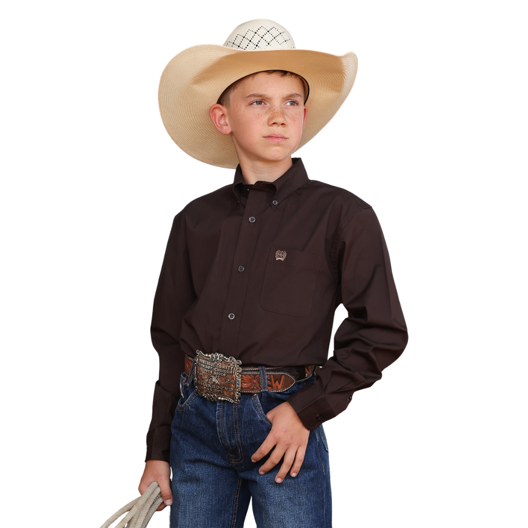 Cinch  Boy's L/S Solid Button Down Western Shirt in Brown