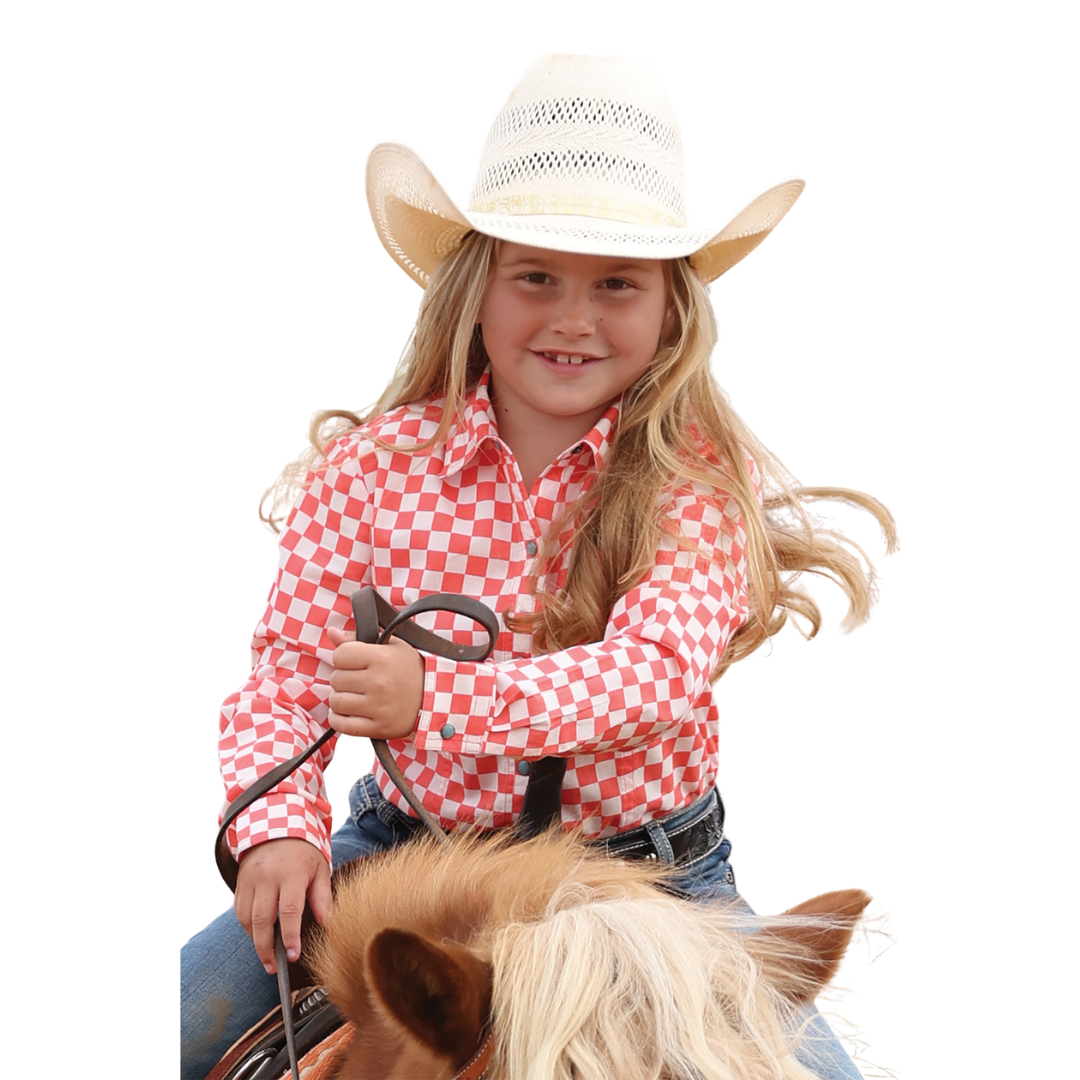 Cruel Girl's L/S White Checkered Western Snap Shirt in Coral