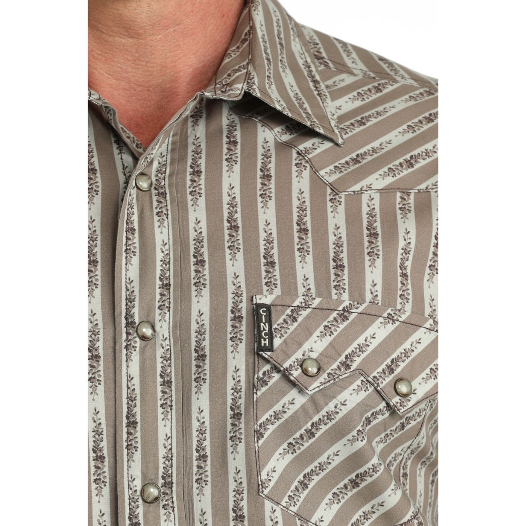 Cinch Men's L/S Modern Fit Floral Stripe Western Snap Shirt in Stone