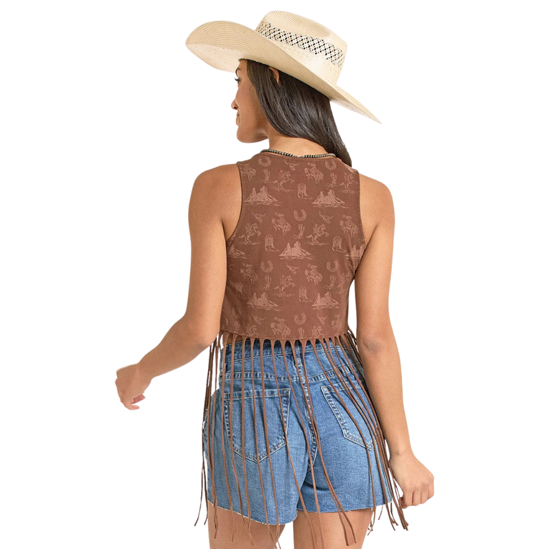 Women's Rock & Roll Denim Conversational Fringe Top in Brown