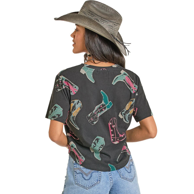 Women's Rock & Roll Denim Boot Print Graphic Tee