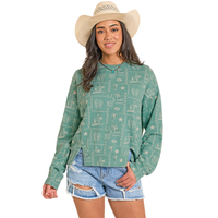 Women's Rock & Roll Denim Conversational Print Pullover in Turquoise