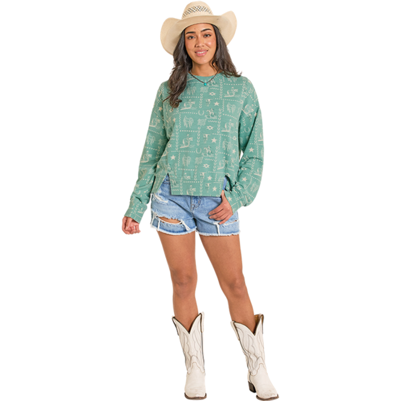 Women's Rock & Roll Denim Conversational Print Pullover in Turquoise