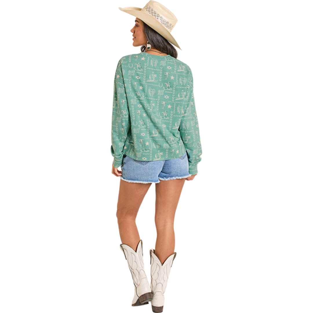 Women's Rock & Roll Denim Conversational Print Pullover in Turquoise