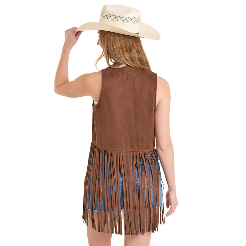 Women's Rock & Roll Denim Embroidered Microsuede Fringe Vest