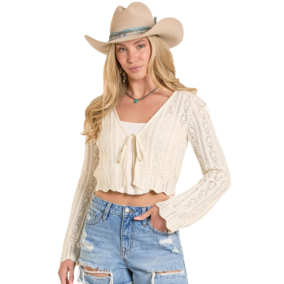 Women's Rock & Roll Denim Tie Knit Cardigan Sweater in Natural