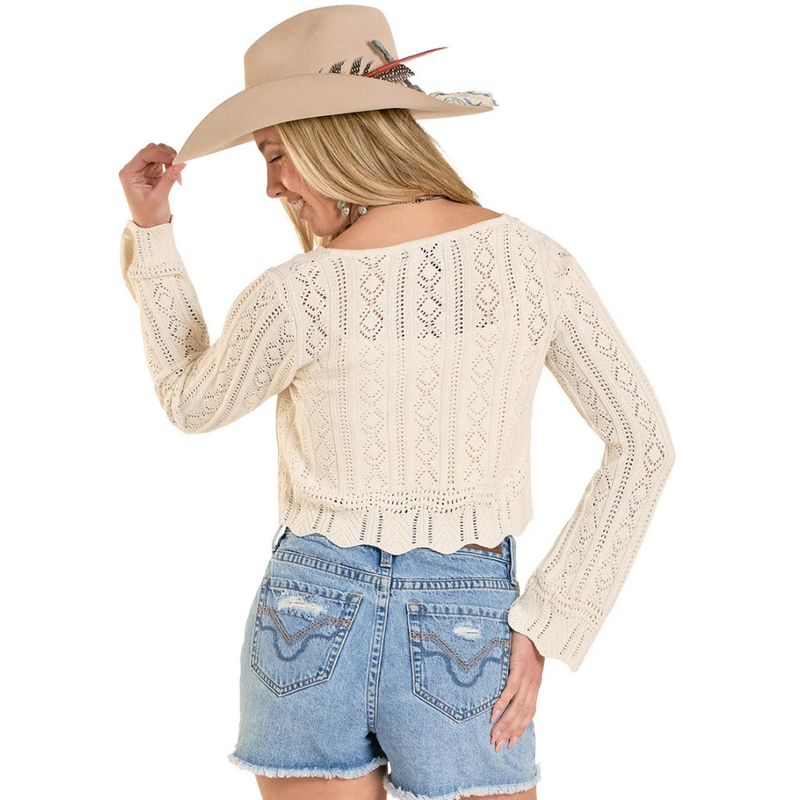 Women's Rock & Roll Denim Tie Knit Cardigan Sweater in Natural