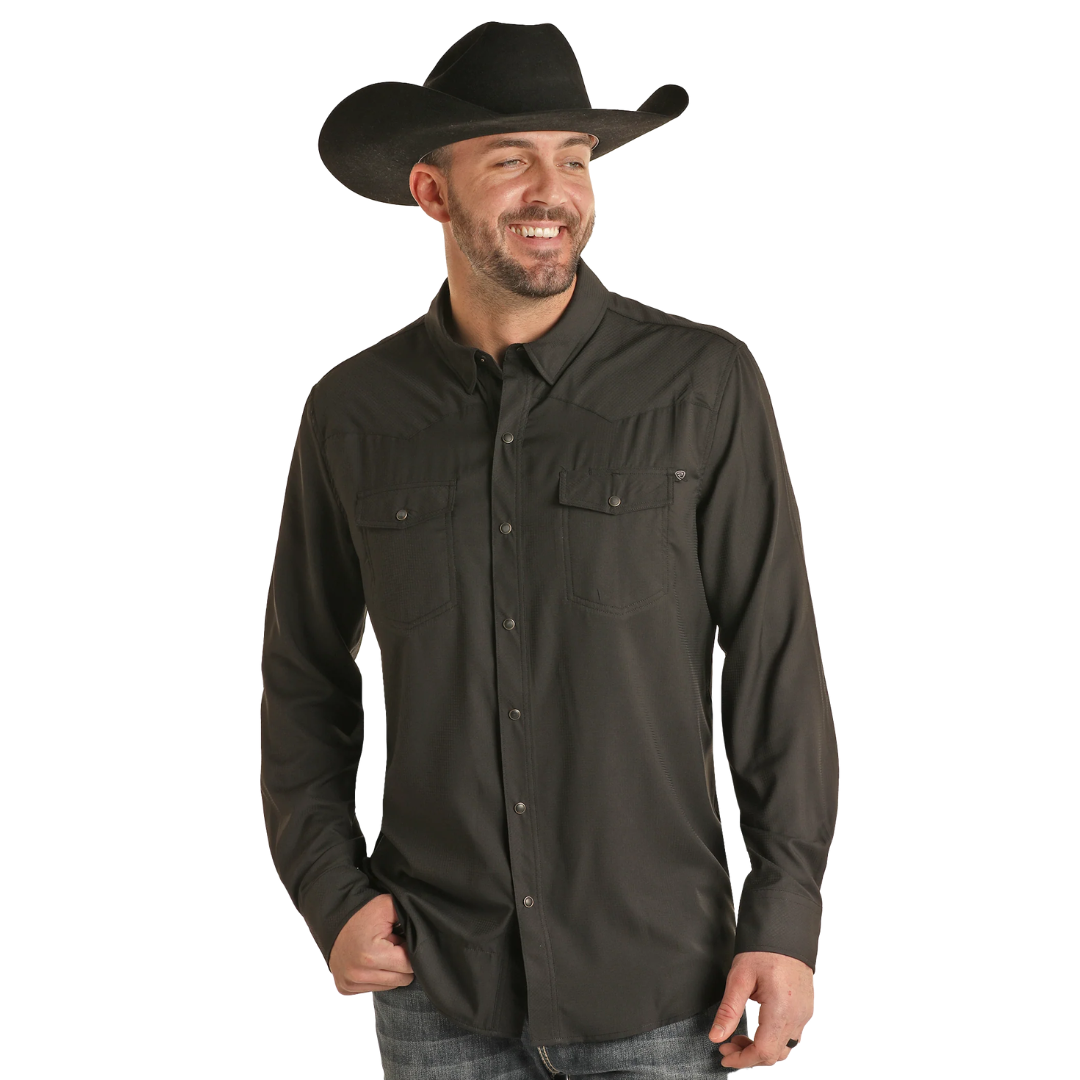 Rock & Roll Denim Men's L/S TEK Western Stretch Snap Shirt in Black