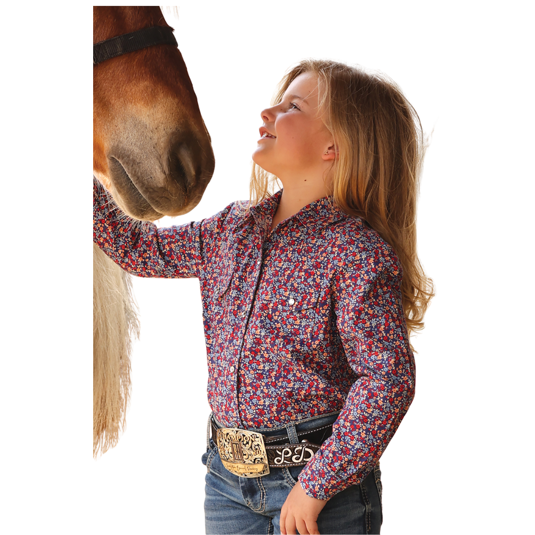 Cruel Girl's L/S Floral Western Snap Shirt in Blue
