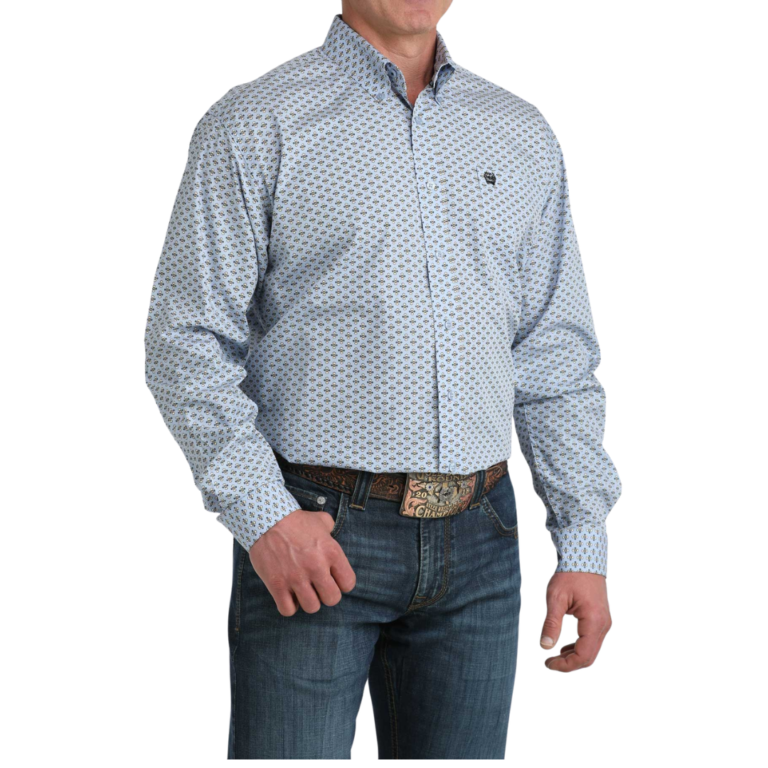 Cinch Men's L/S Classic Fit Button Down Western Shirt in Light Blue Geo Print