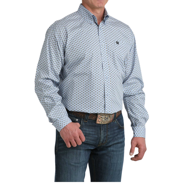 Cinch Men's L/S Classic Fit Button Down Western Shirt in Light Blue Geo Print