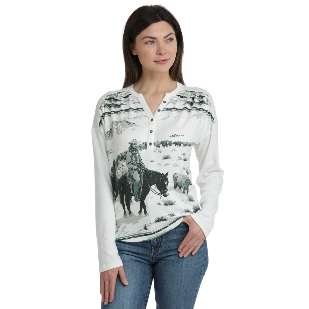 Cruel Women's L/S Henley Blouse in Cream and Green