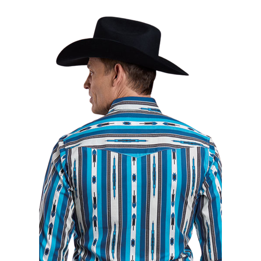 Roper Vintage Men's L/S Vintage Aztec Western Snap Shirt in Blue