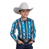 Roper Vintage Boy's L/S Vintage Aztec Western Snap Shirt in Blue