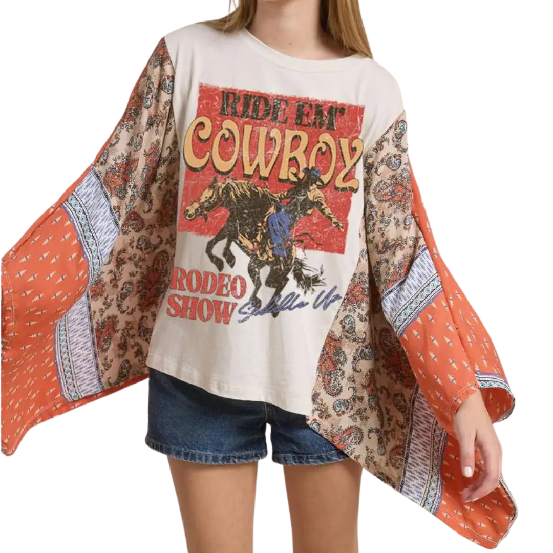 Women's Ride Em' Cowboy Graphic Kaftan Sleeve Top