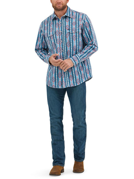 Wrangler Men's L/S Classic Fit Vintage Americana Western Snap Shirt in Blue Print