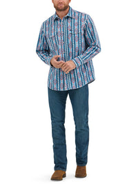 Wrangler Men's L/S Classic Fit Vintage Americana Western Snap Shirt in Blue Print